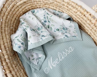 Custom Embroidered Name Newborn Blanket, Personalized Baby Blanket, Organic Cotton Muslin Swaddle, Lightweight Eucalyptus Summer Blanket