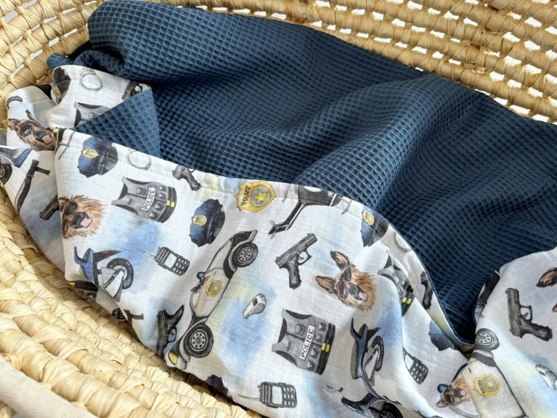 Personalised Cotton Baby blanket Organic cotton baby receiving waffle blanket Organic cotton Baby boy Baby bunny blanket Custom blanket dark jeans police