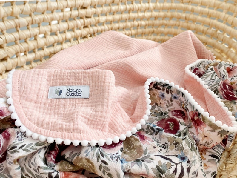 Manta rosa para niña, algodón orgánico, manta para bebé, manta para bebé de verano, algodón orgánico, manta para bebé súper suave, envoltura personalizada para bebé nude pink flowers