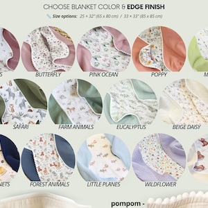 May include: A product selection chart titled CHOOSE BLANKET COLOR & EDGE FINISH with size options 25 x 32 inches and 33 x 33 inches. It displays 14 circular swatches of blankets featuring various patterns like rabbits, butterflies, safari, and planets.