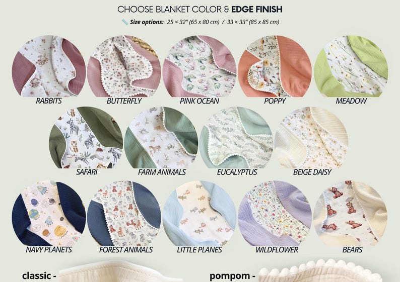 May include: A product selection chart titled CHOOSE BLANKET COLOR & EDGE FINISH with size options 25 x 32 inches and 33 x 33 inches. It displays 14 circular swatches of blankets featuring various patterns like rabbits, butterflies, safari, and planets.