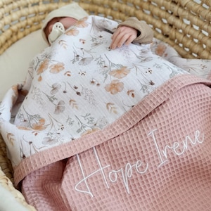 Personalized Poppy Baby Blanket - Organic Cotton Muslin Blanket, Custom Embroidery Blanket, Newborn Gift for Girls, Embroidered Name Blanket