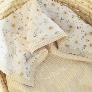 Babydecke mit Waffelmuster Personalisiertes Wickeltuch Bio Swaddle Decke Regenbogen Baby Musselin Decke Personalisierte Babydecke Blumendecke #6 beige daisy