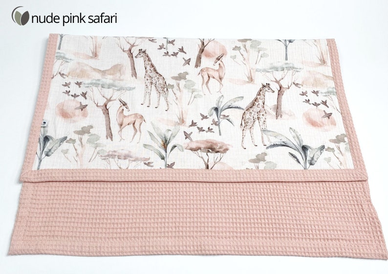 Couverture bébé personnalisée ultra douce en coton bio, couverture bébé gaufrée, couverture pour poussette, couverture en mousseline arc-en-ciel bio pour bébé nude pink safari