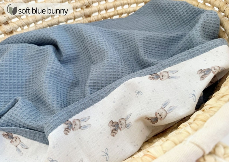 Natural Baby blanket from Organic cotton, Beige Neutral neworn swaddle blanket, Unique newborn gift, First baby blanket from cotton soft blue bunny