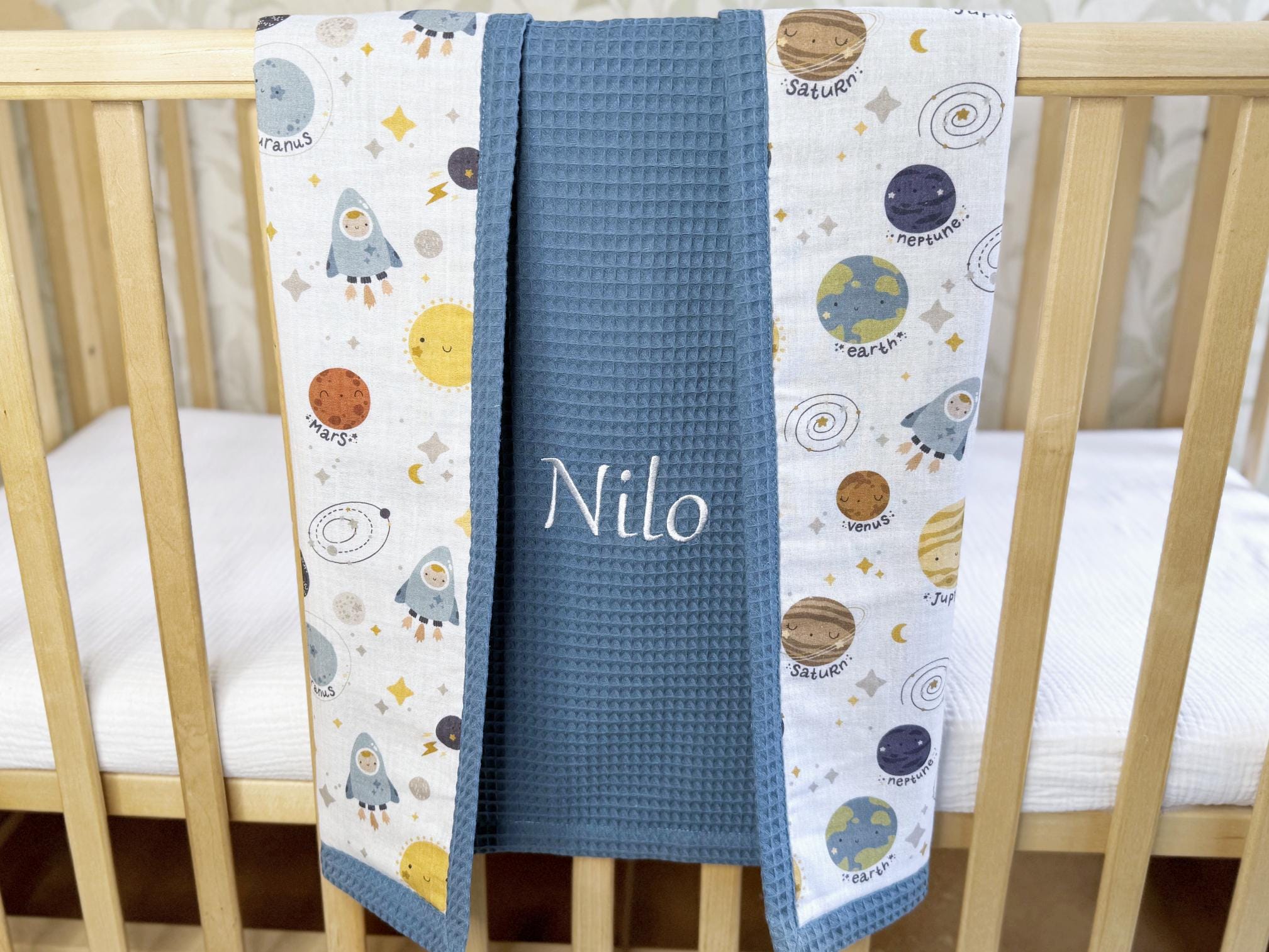 Ocean Baby Blanket - Embroidered name - Organic Cotton Blanket, Under the Sea Theme, Newborn Gift, Custom Name Blanket for Baby