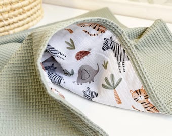 Organic Baby Blanket with Name – Embroidered Name & Waffle Cotton, Custom Newborn Gift, Sage green Safari Blanket for Baby Boy