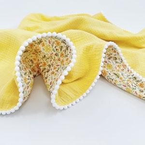 Yellow Summer Baby Girl Pom Pom Blanket. Personalised baby name blanket. Organic cotton Muslin Swaddle Embroidered image 1