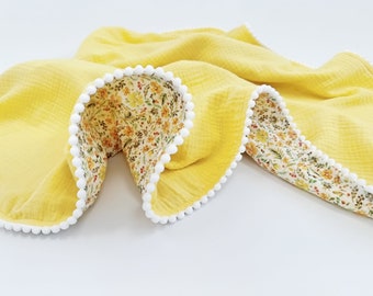 Yellow Summer Baby Girl Pom Pom Blanket. Personalised baby name blanket. Organic cotton Muslin  Swaddle Embroidered