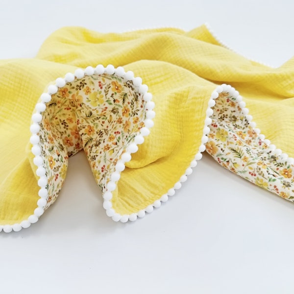 Yellow Summer Baby Girl Pom Pom Blanket. Personalised baby name blanket. Organic cotton Muslin  Swaddle Embroidered