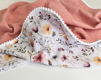 Embroidered Name Muslin blanket - Pink Poppy Design - Super Soft Organic Cotton Blanket - Baby Girl blanket - Baby Swaddle blanket