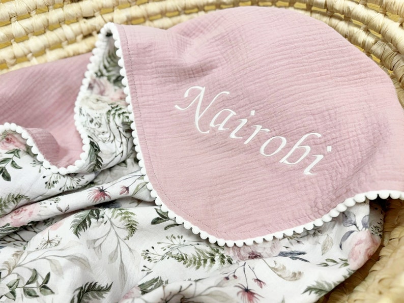 Pink blossom Super soft Baby blanket from Organic cotton baby Girl blanket cotton Baby swaddle blanket Personalised baby wrap image 3