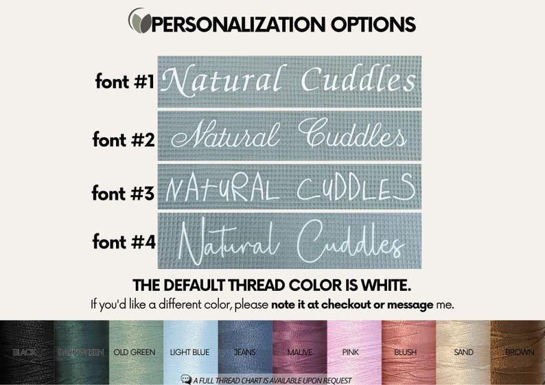 Puede incluir: Imagen que muestra opciones de personalizaci&oacute;n para un producto. Se muestran cuatro estilos de fuente con el texto "Natural Cuddles". El color de hilo predeterminado es blanco, con una tabla de colores de hilo debajo, incluyendo negro, verde, azul, rosa y marr&oacute;n.
