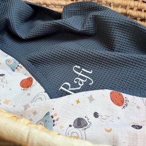 Personalized Baby blanket for Boy - Waffle & Muslin blanket with Name - Organic Cotton blanket, Planet Solar System Themed Nursery