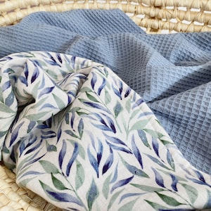 100% cotton baby blanket, Summer Baby boy blanket, Personalised name blanket, Baby boy shower gift, Organic cotton blanket blue leaves