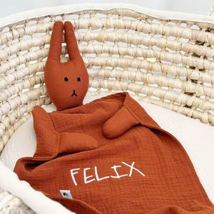 Puede incluir: Un juego de manta y conejito para beb&eacute; de color &oacute;xido. La manta est&aacute; bordada con el nombre "FELIX" en blanco. El conejito tiene orejas largas y una cara sencilla. El conjunto est&aacute; colocado en una cesta tejida.