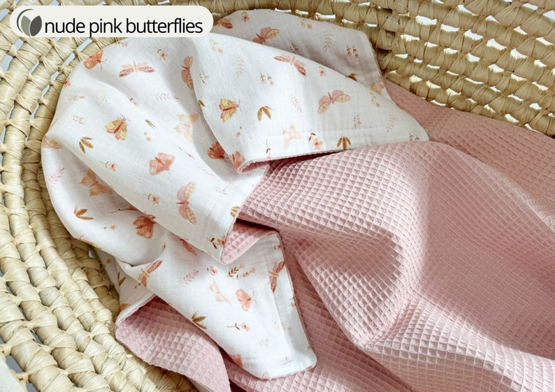 READY TO SHIP 28 x 40 inches Organic cotton Waffle baby blanket Muslin baby wrap Organic Swaddle blanket Rainbow baby muslin blanket nude pink butterflie