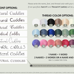 May include: Image showing font and thread color options for personalized items. Font options include various styles, from cursive to bold. Thread colors range from white to black, with shades of blue, green, pink, and more. Text reads: "Natural Cuddles".