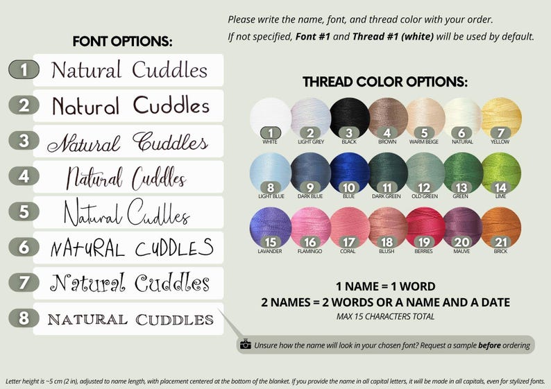 May include: Image showing font and thread color options for personalized items. Font options include various styles, from cursive to bold. Thread colors range from white to black, with shades of blue, green, pink, and more. Text reads: "Natural Cuddles".
