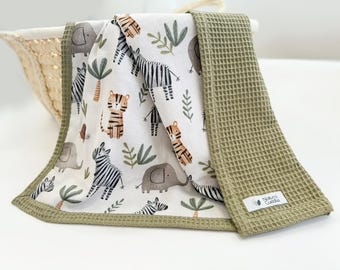 Couverture pour nouveau-né sur le thème Safari, couverture pour bébé naturelle, couverture pour bébé en coton biologique, couverture pour bébé deux couches respirante et légère