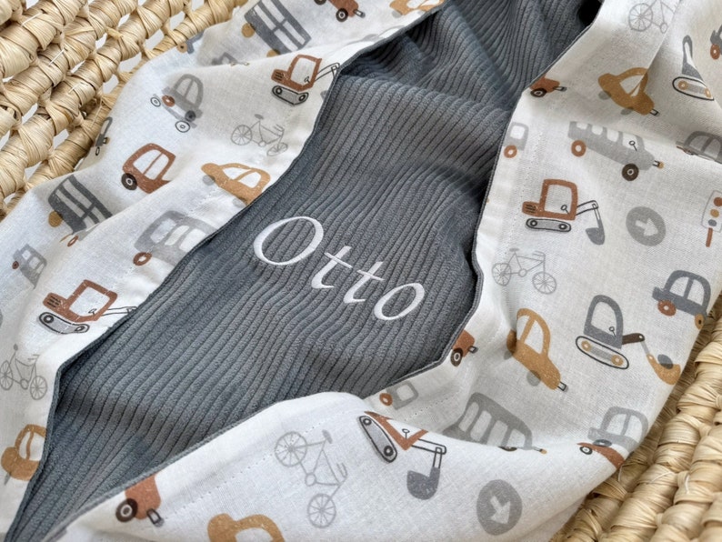 Baby boy blanket Personalized, Vehicles & Cars themed blanket with name, Organic cotton blanket, Car themed nursery, Crib blanket for boy GREY + vehicles