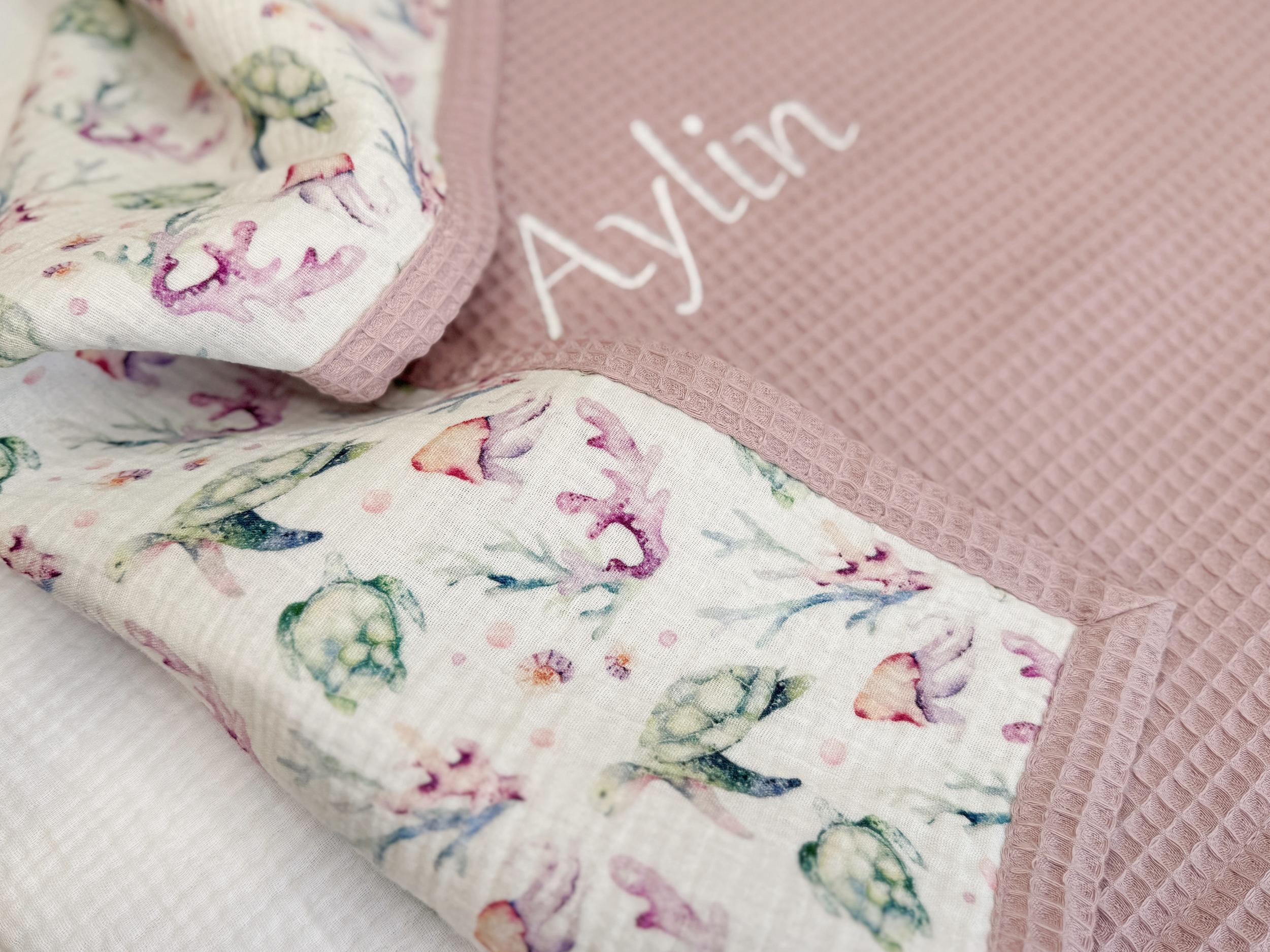 Ocean Baby Blanket - Embroidered name - Organic Cotton Blanket, Under the Sea Theme, Newborn Gift, Custom Name Blanket for Baby