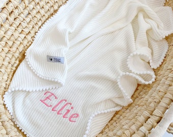 Knit Baby Pom Pom blanket Summer newborn custom blanket, White organic cotton baby swaddle blanket