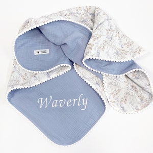 Personalised Baby blanket from Organic cotton Baby gift for newborn Baby receiving blanket Embroidered Super soft baby blanket Baby wrap soft blue leaves