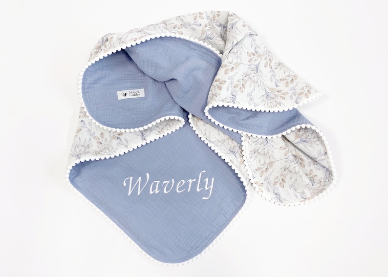 Personalised Baby blanket from Organic cotton Baby gift for newborn Baby receiving blanket Embroidered Super soft baby blanket Baby wrap soft blue leaves