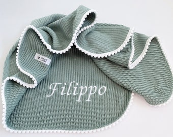 Knit baby blanket with name, Pom Pom crib swaddle blanket, Newborn receiving gift