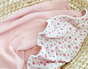 Baby girl blanket personalized Pom Pom swaddle Crib Muslin Organic Cotton Newborn receiving gift