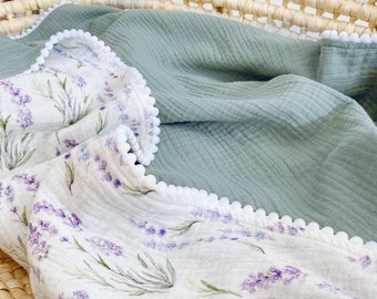 Manta de pompón de bebé de verano, manta de cuna receptora de recién nacido, manta de bebé personalizada Swaddle algodón muselina orgánica