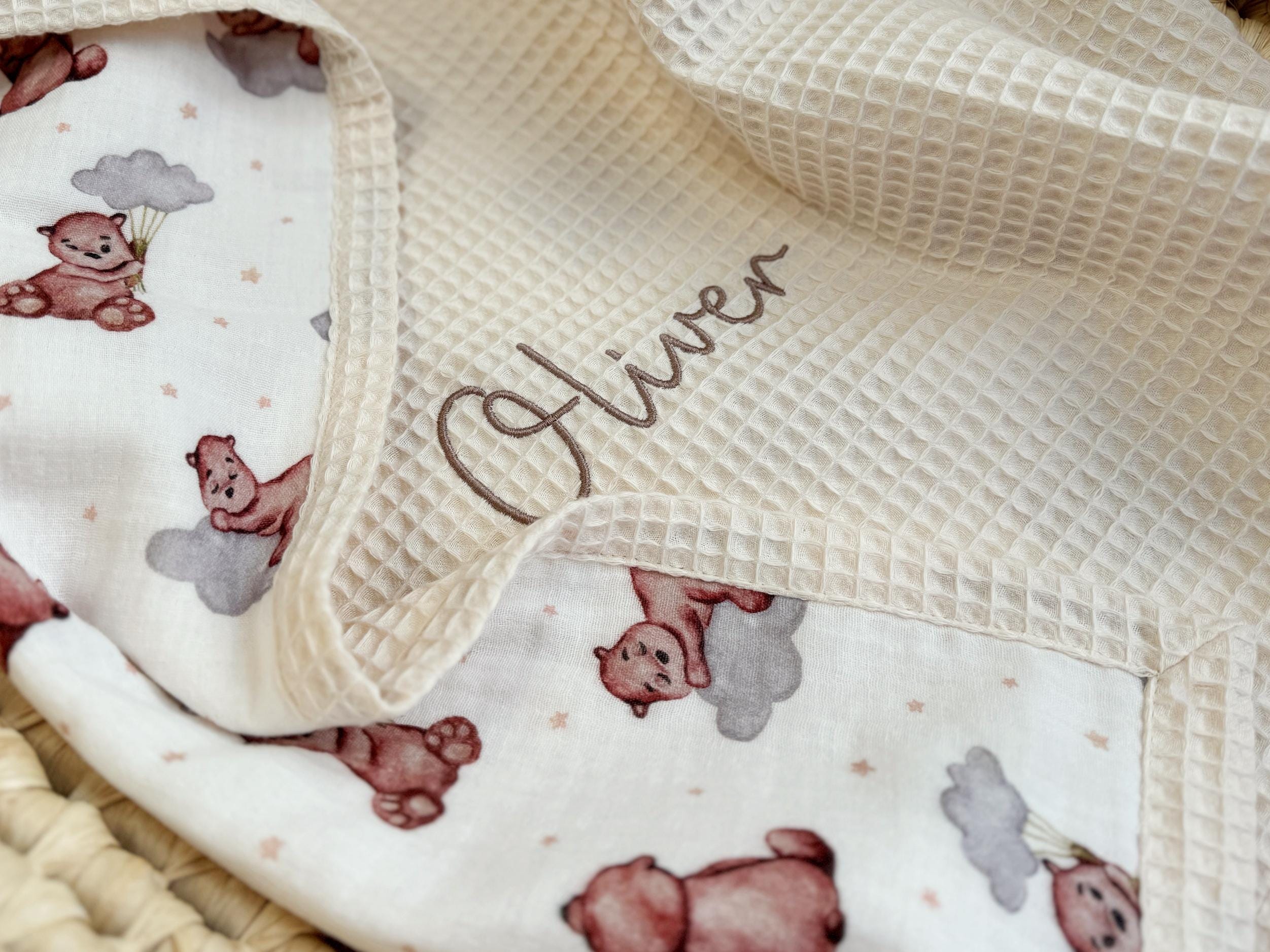 Personalized Organic Cotton Baby Blanket, Personalized Waffle Blanket, Custom Embroidered Name, Baby Shower Gift Girl, Woodland Nursery