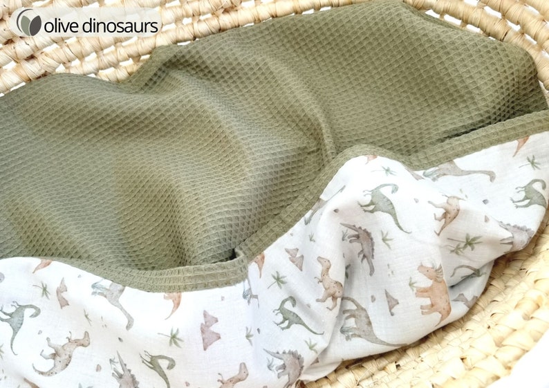 Neutral Organic cotton Super soft Personalized baby blanket girl Waffle baby blanket Stroller blanket Organic Rainbow baby muslin blanket olive dinosaurs