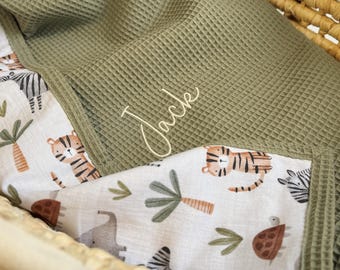 Organic Baby Blanket with Name – Embroidered Name & Waffle Cotton, Custom Newborn Gift, Sage green Safari Blanket for Baby Boy