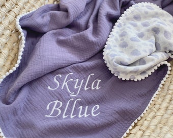 Lilac Color Pure Cotton Gauze Baby Pom Pom Blanket Summer Baby Swaddle blanket, Organic Newborn name blanket