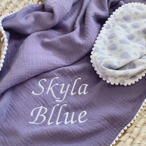 Pom Pom Baby Name Blanket, Purple Summer Baby Swaddle Embroidered, Gauze Cotton Crib Blanket with name