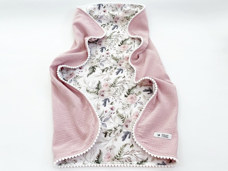 Pink blossom Super soft Baby blanket from Organic cotton baby Girl blanket cotton Baby swaddle blanket Personalised baby wrap image 2