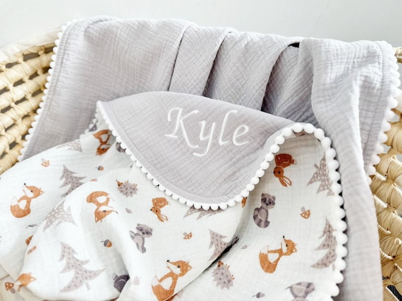 Personalised Baby blanket from Organic cotton Baby gift for newborn Baby receiving blanket Embroidered Super soft baby blanket Baby wrap grey forest animals