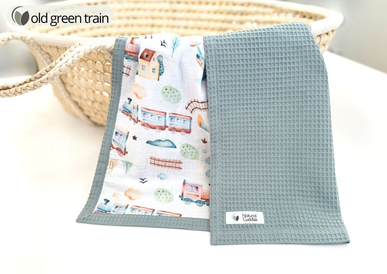 Neutral Organic cotton Super soft Personalized baby blanket girl Waffle baby blanket Stroller blanket Organic Rainbow baby muslin blanket old green train