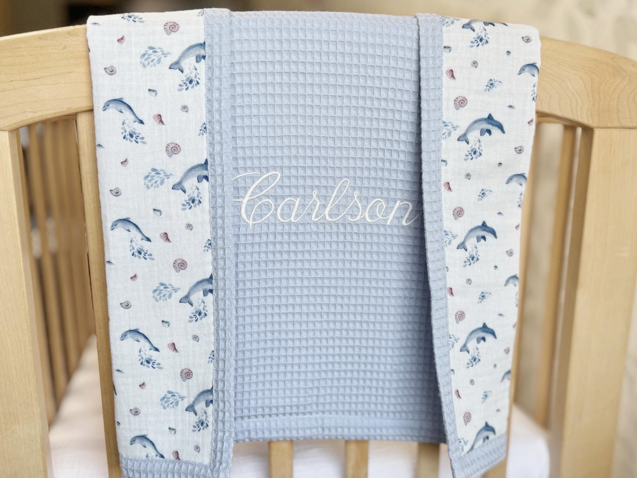 Soft 100% Cotton Baby Blankets, Handmade in Europe, Premium Waffle Cotton, Soft Lightweight Newborn Blanket, Embroidered Name Christmas Gift