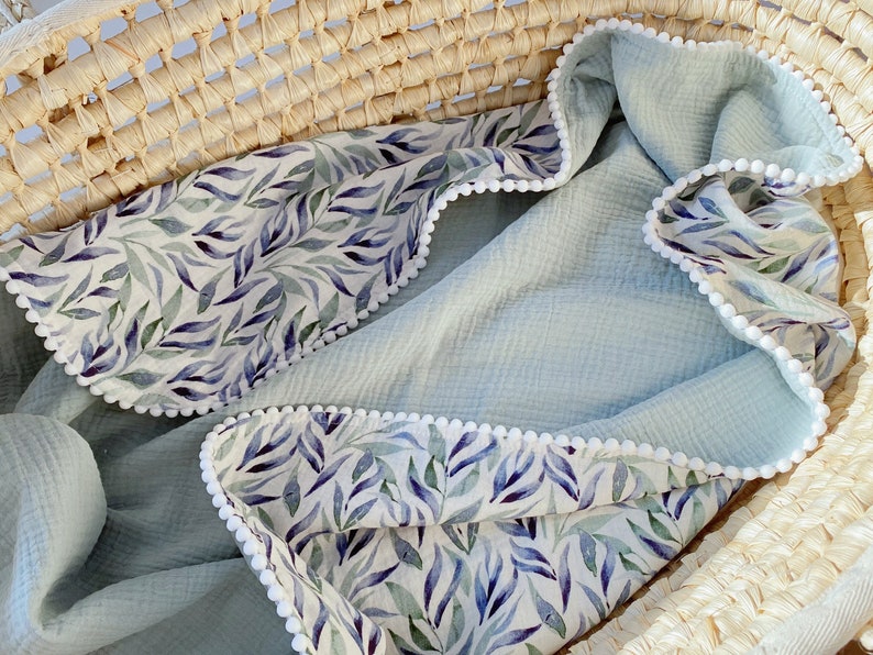Purple Summer Baby Pom Pom blanket, Organic cotton baby swaddle name blanket, Super soft Newborn gift for Baby shower gift mint leaves