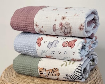 Personalized Organic Baby Waffle Blanket with Name, Muslin Newborn Blanket, Embroidered Baby Keepsake, Baby Shower Gift, Woodland Nursery