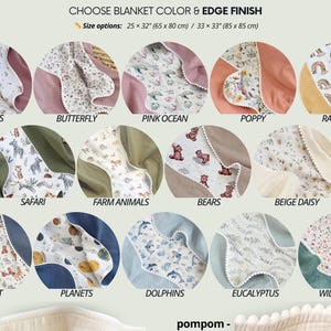 May include: A product image showcasing various baby blanket designs. Each blanket features a different pattern, including rabbits, butterflies, rainbows, and safari animals. Size options are 25 x 32 inches (65 x 80 cm) and 33 x 33 inches (85 x 85 cm).