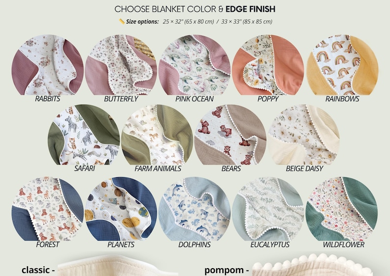 May include: A product image showcasing various baby blanket designs. Each blanket features a different pattern, including rabbits, butterflies, rainbows, and safari animals. Size options are 25 x 32 inches (65 x 80 cm) and 33 x 33 inches (85 x 85 cm).