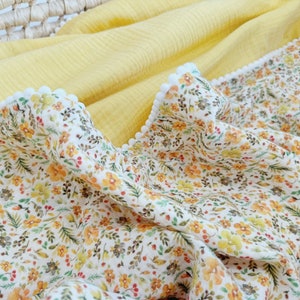 Yellow Summer Baby Girl Pom Pom Blanket. Personalised baby name blanket. Organic cotton Muslin Swaddle Embroidered yellow flowers
