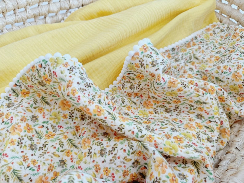 Yellow Summer Baby Girl Pom Pom Blanket. Personalised baby name blanket. Organic cotton Muslin Swaddle Embroidered yellow flowers