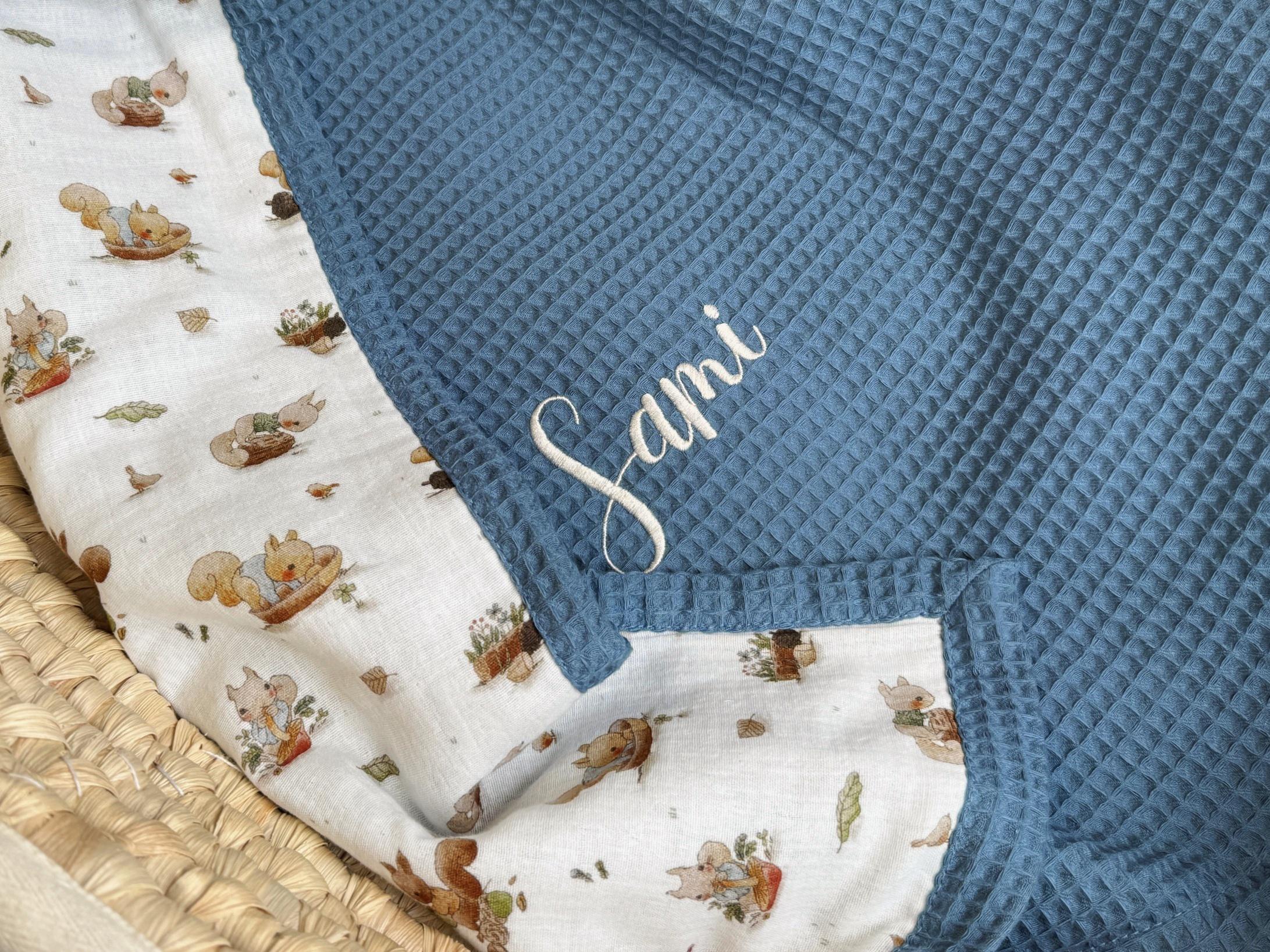 Embroidered Name Baby Blanket, Personalized Baby Blanket, Organic Cotton Muslin Swaddle, Lightweight Woodland Summer Blanket