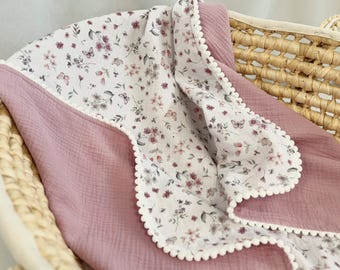 Personalized Floral Baby Blanket- Organic Muslin Double Gauze, Embroidered Name Newborn Gift, Handmade Baby Shower Present, Custom Baby Gift