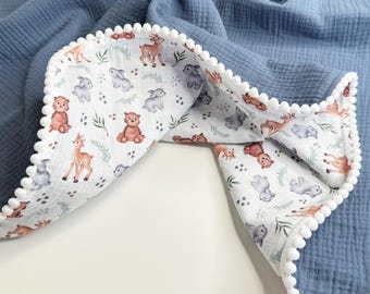 Organic Muslin Baby Blanket – Baby Name Blanket, Woodland Design, Stroller Blanket, Lightweight Summer Blanket, Baby Boy Gift